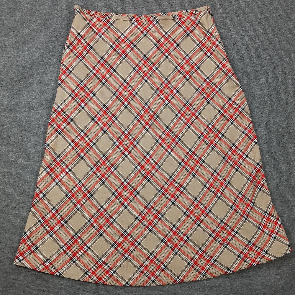 Stella Starr Skirt Womens 11 Tan Red Plaid A-Line Tartan Made in USA Rayon Blend